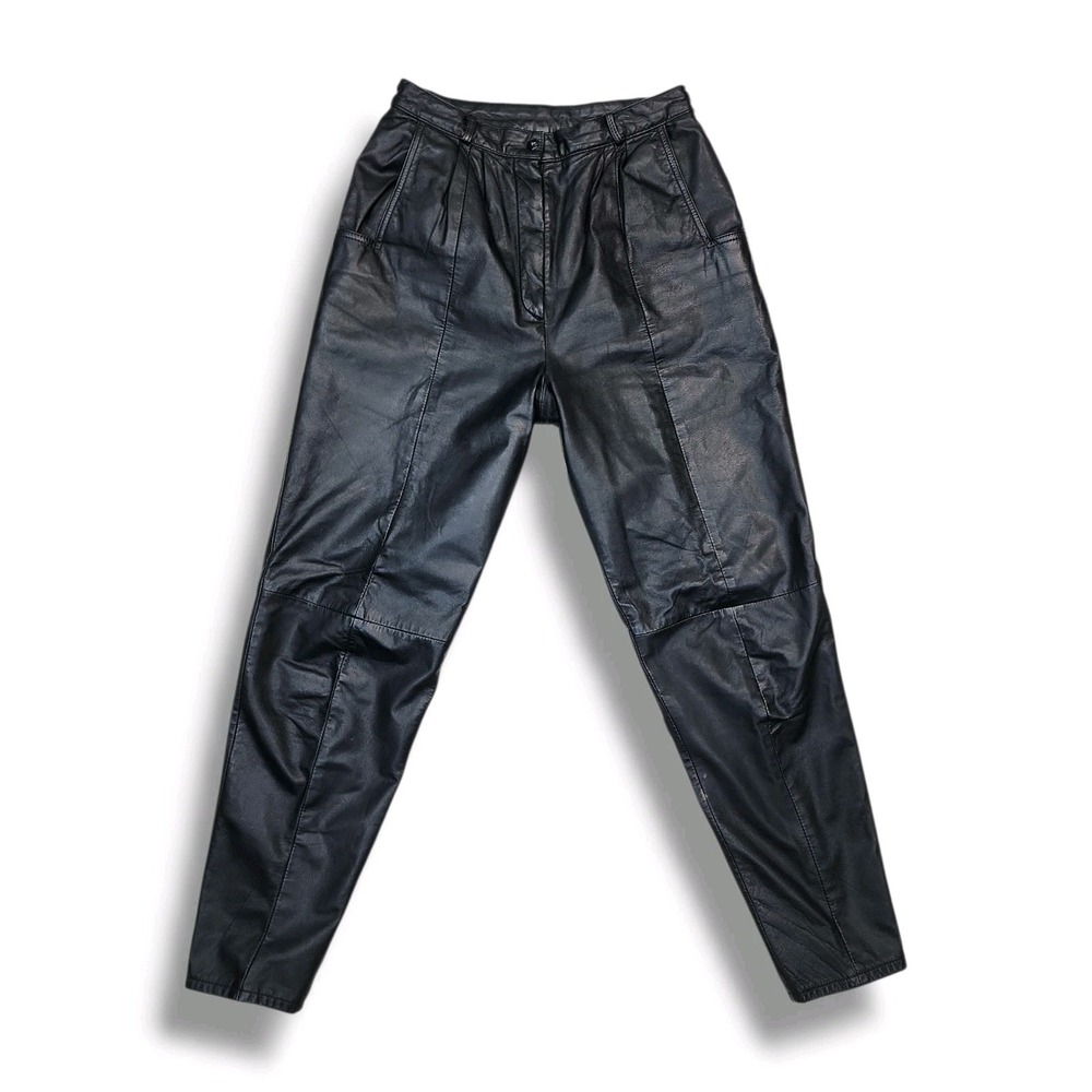 Vintage Interin Black Leather Pleated‎ Straight Leg Pants Women's 11 (27x28)